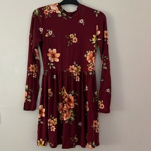 Forever 21 Burgundy Floral Long Sleeve Mock Neck Keyhole Back Mini Dress Medium
